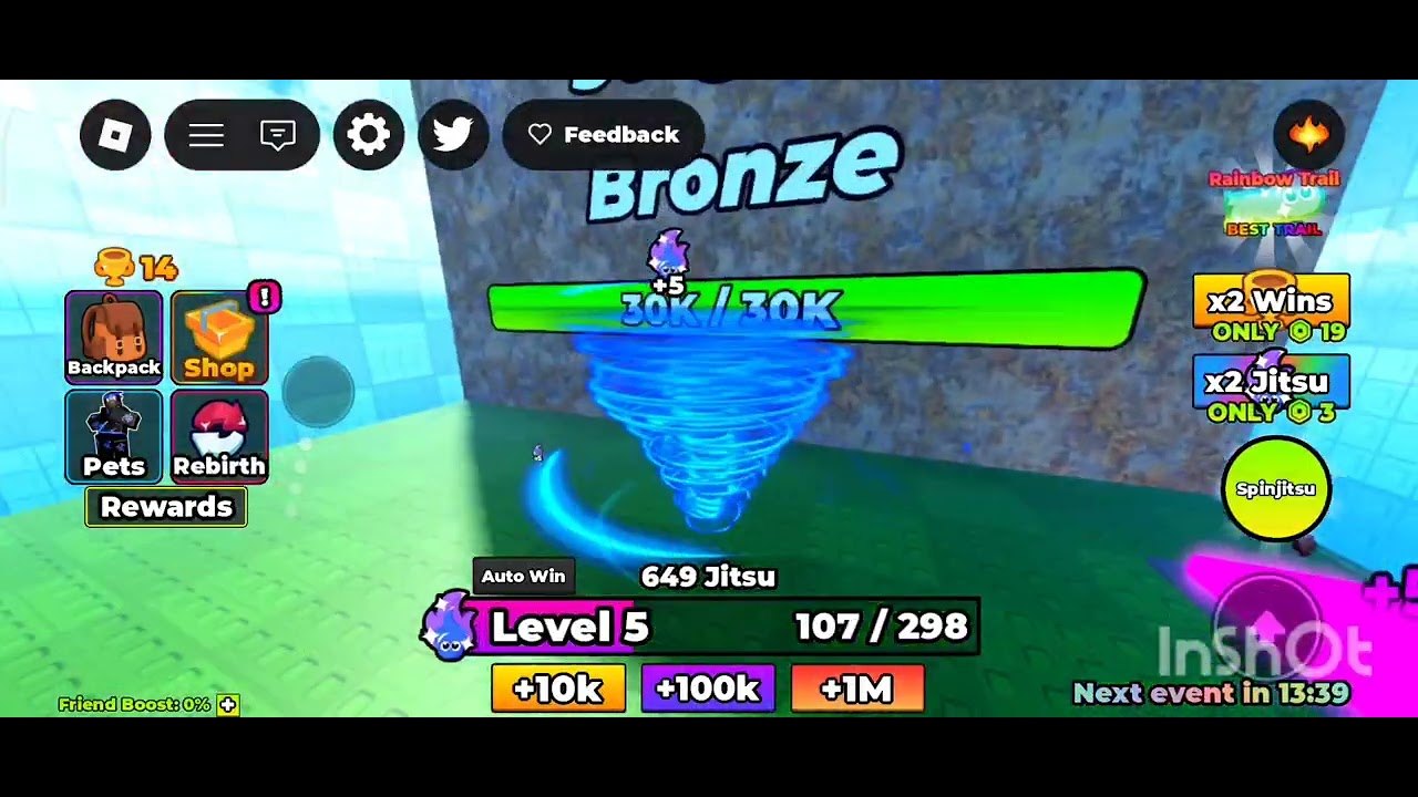 In-game HUD with a blue Spinjitsu tornado breaking a Bronze wall in +1 Spinjitsu Escape